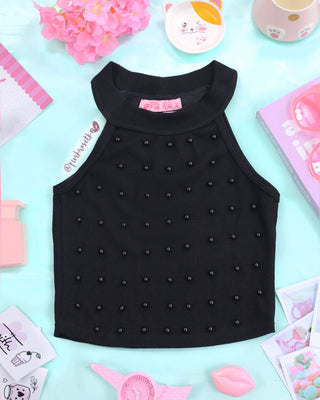 Blusa negra manga sisa en rib con perlas