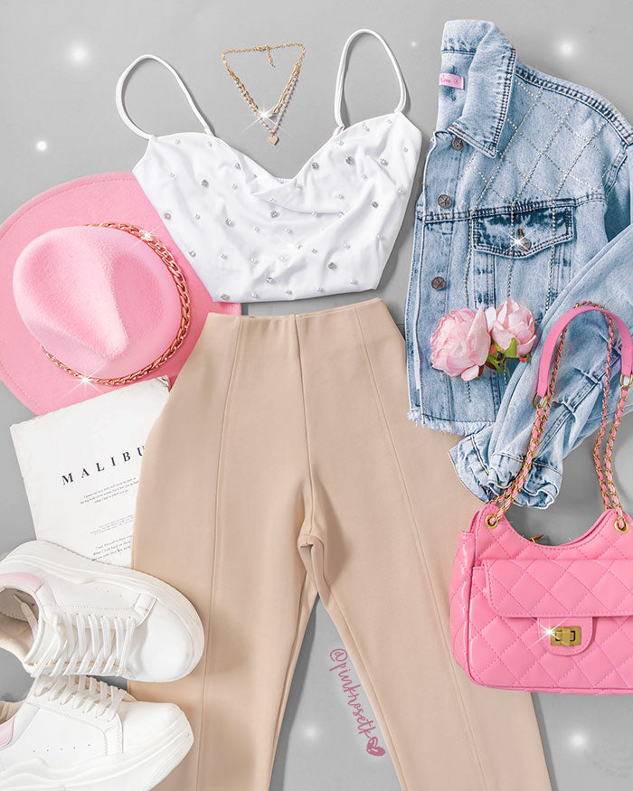 Blusa corta blanca con apliques de brillantes y tiras – Pink Rose tk