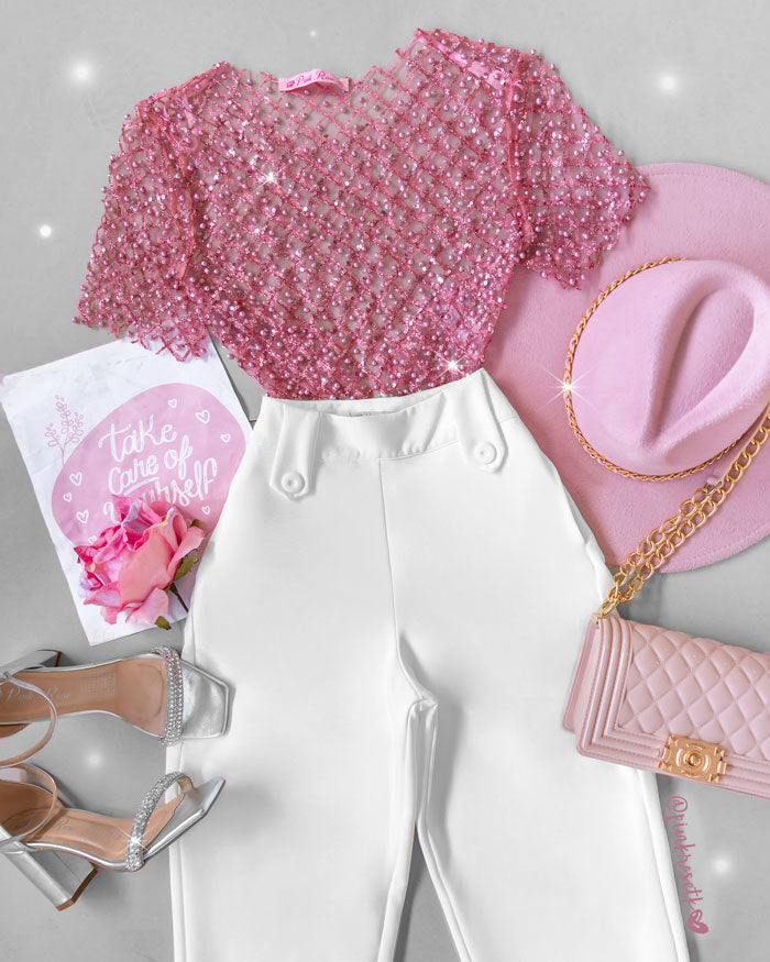 Pantalon Blanco Con Blusa Rosa Pantalón Blanco Tiro Alto Bota