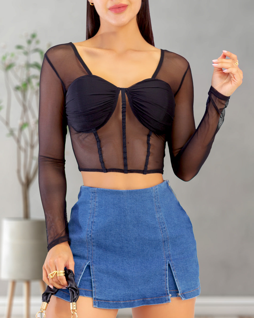 Velo Negro Blusas De Moda De Velo Blusa Negra Corsé Manga Larga En