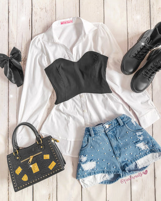 Camisa blanca manga larga puff con top strapless negro