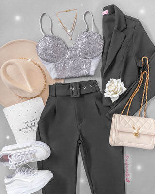 Bustier lentejuelas gris plata copas escote corazón y transparencia