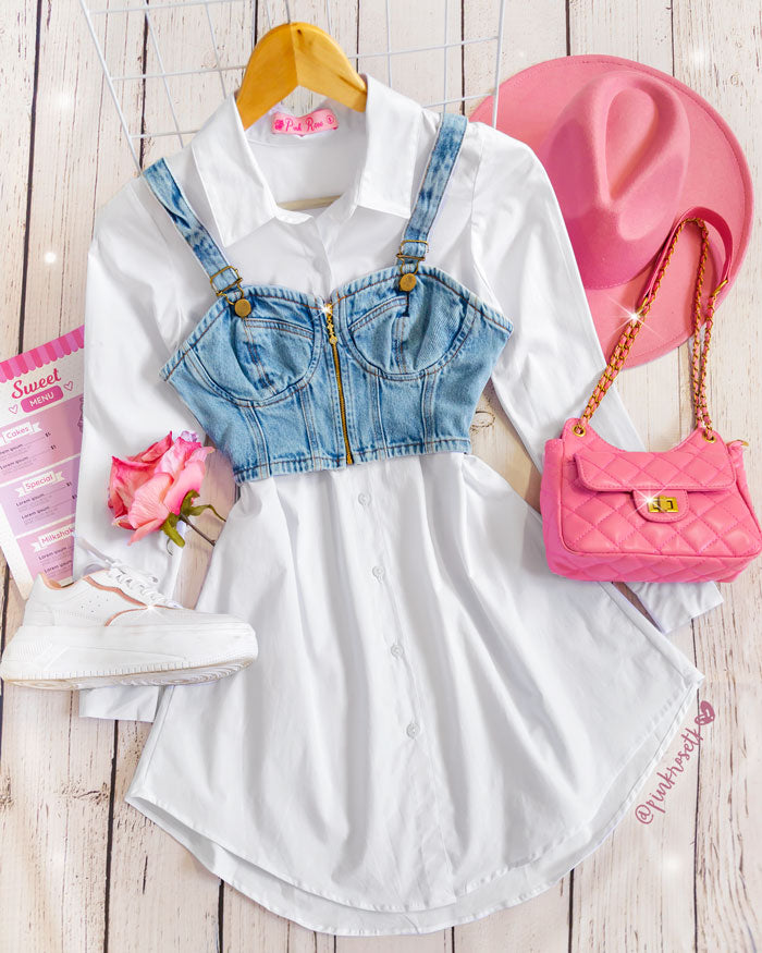 Vestido camisero blanco con top en denim