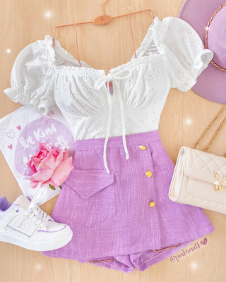 Falda Short Morada Channel Botones Dorados y Bolsillo