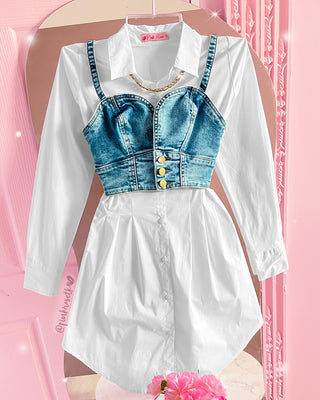 Blusón blanco camisero crop top blue jean 3 botones