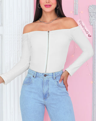 Blusa blanca en rib manga larga cremallera adelante