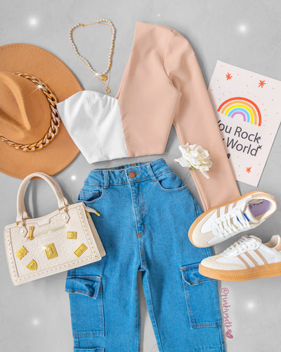 Crop top una manga bicolor beige blanco