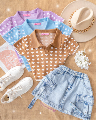 Blusa Azul Tejida de Manga Corta con Diseño de Corazón