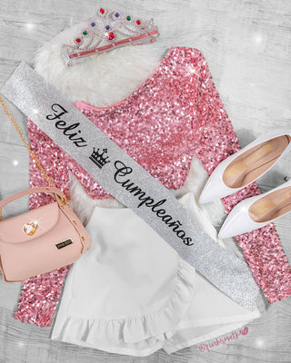 Blusa Rosada de Lentejuelas, Cuello Bandeja y Manga Larga