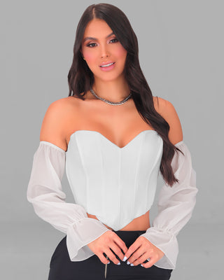 Blusa strapless con varilla y manga larga en velo