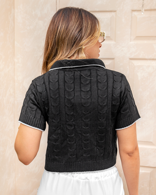 BLUSA TEJIDA NEGRA ANCHA CON CUELLO Y BORDE NEGRO