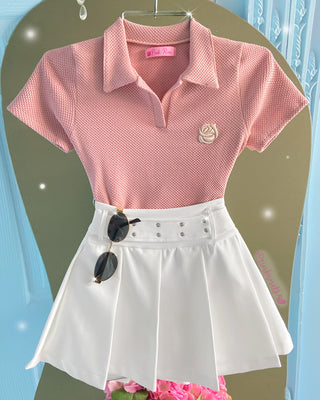 Blusa Tejida de Manga Corta con Flor - Pink Rose
