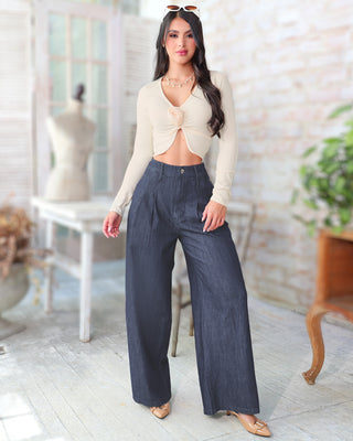 Blusa de Punto Rib con Manga Larga y Moño Frontal – Rosa