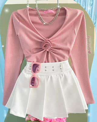 Blusa de Punto Rib con Manga Larga y Moño Frontal – Rosa