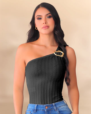 Blusa Tejida de Un Solo Hombro con Aplique – Dorado
