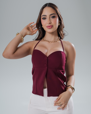 Blusa de Escote en forma de Corazón con Dos Botones y Tiras Amarrables