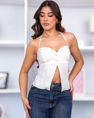 Blusa de Escote Corazón con Dos Botones y Tiras Amarrables