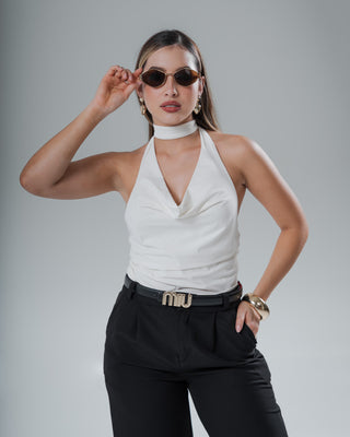 Blusa halter escote drapeada con Espalda Descubierta y Amarre