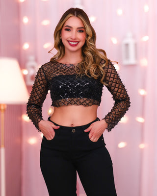 Blusa de manga larga con lentejuelas y perlas