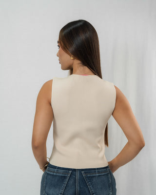 Blusa beige Tejida Manga Sisa con 5 Botones