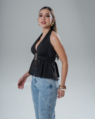Blusa Lazo al Cuello  y Cintura con Aplique