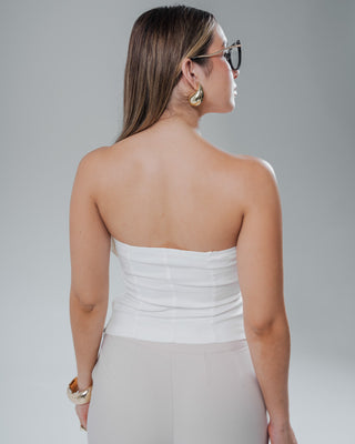 Blusa blanca Strapless Escote Corazón con 4 Botones Redondos