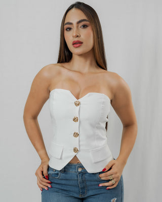 BLUSA BLANCA STRAPPLE CON 4 BOTONES DORADOS Y  BOLSILLOS FALSOS
