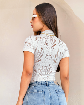 Blusa Blanco de Encaje Manga Corta, vista frontal — Pink Rose