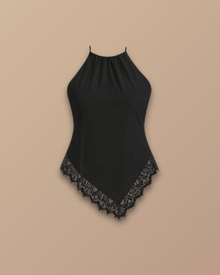 BLUSA NEGRA LARGA CORTE EN DIAGONAL CON ENCAJE