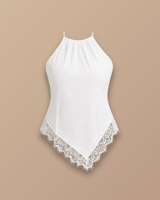 BLUSA BLANCA LARGA CORTE EN DIAGONAL CON ENCAJE