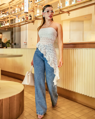 BLUSA  STRAPPLE CON ENCAJE Y BOLERO CRUZADO LARGO