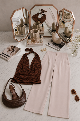 BLUSA CAFE DE ENCAJE Y AMARRAR AL CUELLO CON ESPALDA DESCUBIERTA