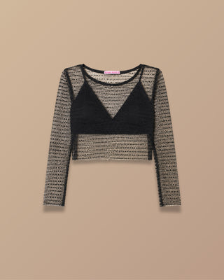 BLUSA NEGRA EN MALLA MANGA LARGA CON TOP DEBAJO