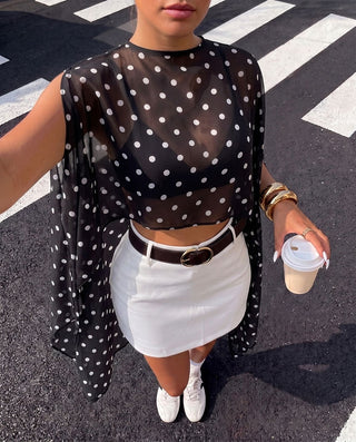 BLUSA ESTAMPADA  LARGA TIPO CAPA CON CIRCULOS BLANCOS