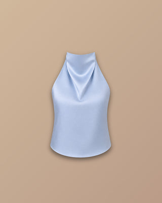 BLUSA AZUL ANCHA DESATIN CUELLO