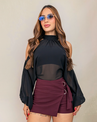 BLUSA NEGRA ANCHA CUELLO HALTER MANGA GLOBO