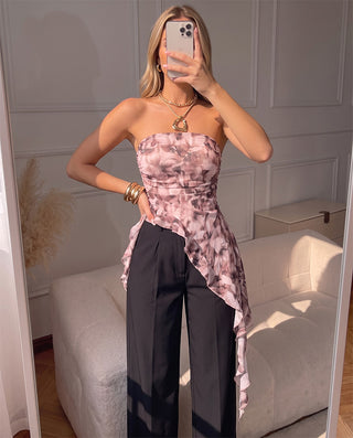 BLUSA ESTAMPADA STRAPPLE  CON FLORES CAFES Y BOLERO LARGO