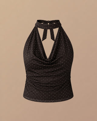 BLUSA CAFE EN MALLATEX CON PUNTICOS Y TIRAS AL CUELLO DE AMARRAR