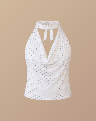 BLUSA BLANCA EN MALLATEX CON PUNTICOS Y TIRAS AL CUELLO DE AMARRAR