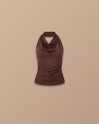 BLUSA CAFE LARGA CON CUELLO HALTER DRAPEADA A LOS LADOS
