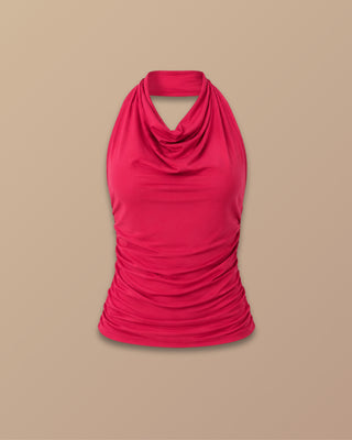 BLUSA ROJA LARGA CON CUELLO HALTER DRAPEADA A LOS LADOS