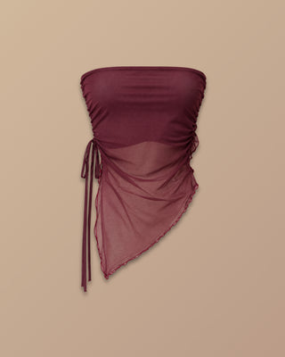 BLUSA VINO TIENTO EN MALLATEX STRAPPLE DE PICO Y RECOGIDO AL LADO