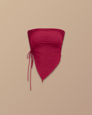 BLUSA VINO TIENTO EN MALLATEX STRAPPLE DE PICO Y RECOGIDO AL LADO