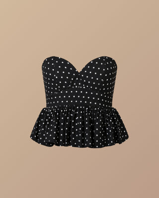 BLUSA NEGRA STRAPPLE PEPLUM DE PUNTOS BLANCOS