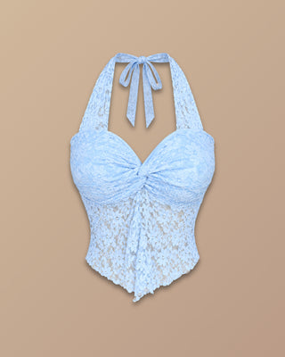 BLUSA AZUL DE ENCAJE CON TIRA AL CUELLO Y NUDO EN BUSTO