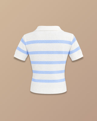 Blusa Azul Tejida de Rayas y Cuello con Logo, vista frontal — Pink Rose