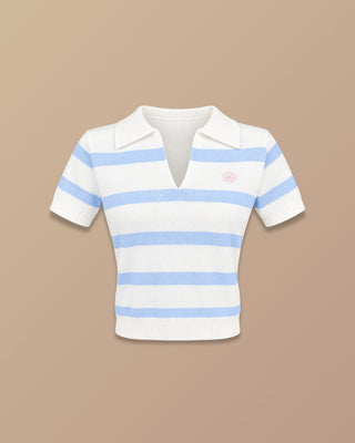 Blusa Azul Tejida de Rayas y Cuello con Logo — Pink Rose