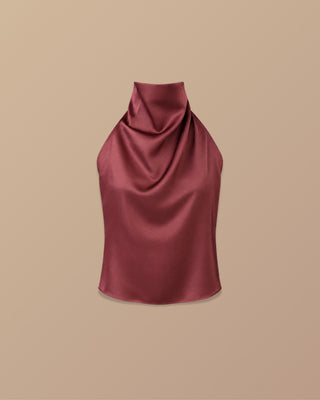 BLUSA VINO TINTO CON CUELLO ALTO Y  ESPALDA DESCUBIERTA