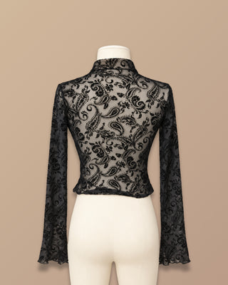 BLUSA NEGRA EN ENCAJE MANGA LARGA CON FLORES TERCIOPELO