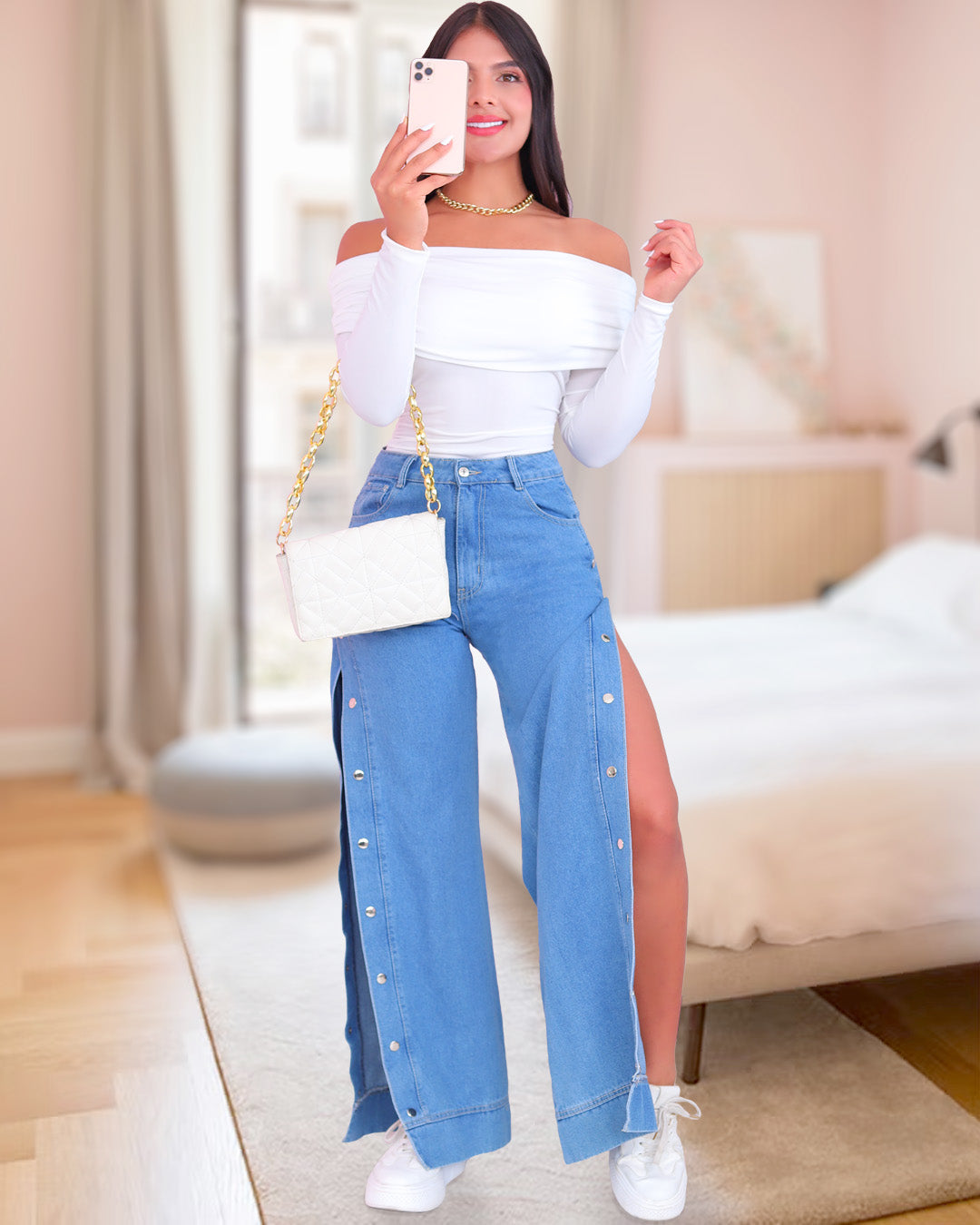 Abertura Lateral Jeans Bota Campana Con Abertura Botones Jeans Bota Campana Abierto A Los Lados Jeans Bota Campana